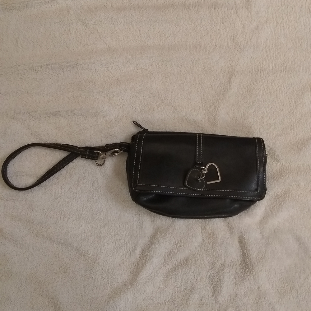 Black Leather Wristlet Clutch with Heart Charm